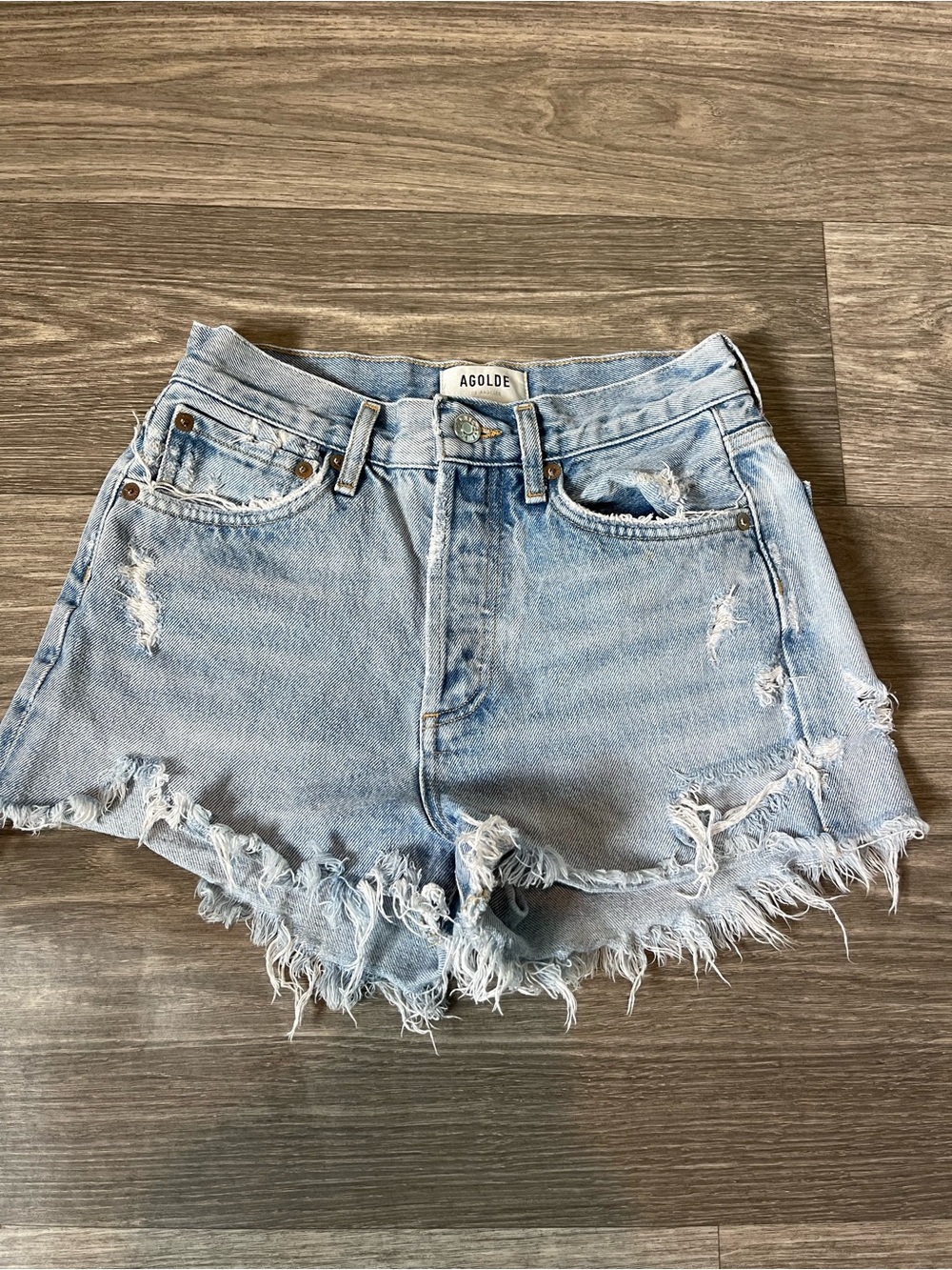 AGOLDE Light Blue Distressed Denim Parker Shorts